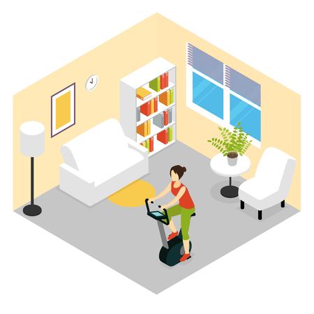 Isometric people sportsman composition with woman character on fitness cycling machine in living room interior flat illustrationのイラスト素材