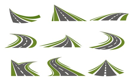 Set with flat isolated curving road image with decorative stylization of roadway winds false mirror style illustrationのイラスト素材