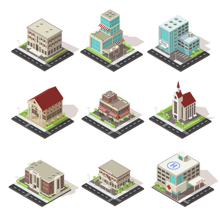 Set of isolated city buildings with roads street lighting and environmental infrastructure isometric vector illustrationのイラスト素材