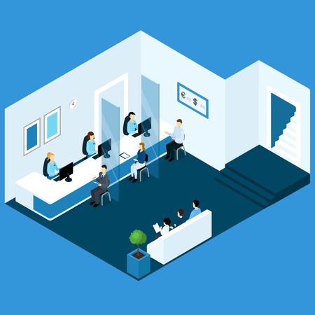 People isometric banking composition with bank office room electronic queue service bankers and waiting clients characters vector illustrationのイラスト素材