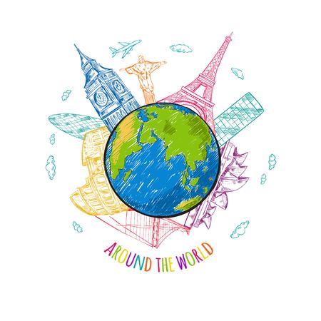 World travel sketch template with globe and famous international buildings isolated vector illustrationのイラスト素材