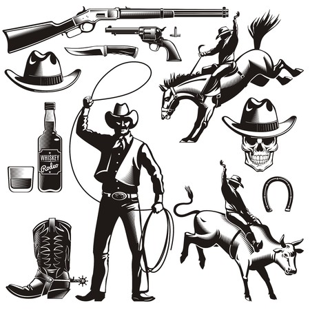 Vintage rodeo elements set with sheriff jockey riding horse skull hat whiskey boots horseshoe weapon isolated vector illustrationのイラスト素材
