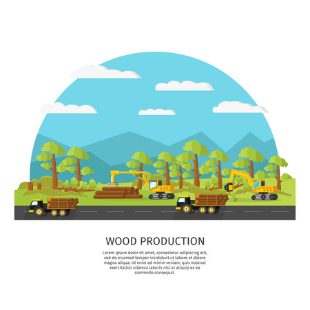 Industrial wood manufacturing template with vehicle and trees cutting loading transportation processes vector illustrationのイラスト素材