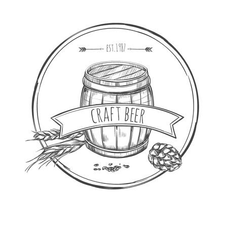 Craft beer sketch concept with wooden barrel wheat hop cone and ribbon on white background isolated vector illustrationのイラスト素材