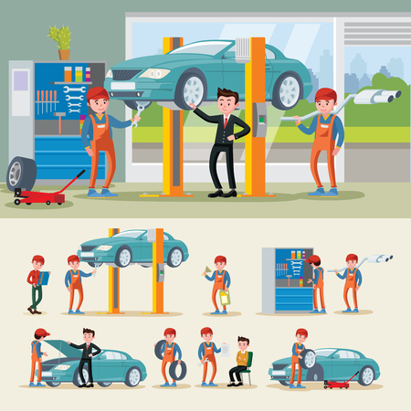Auto mechanics composition with different car repair services and engine diagnostic in workshop vector illustrationのイラスト素材