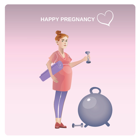 Cartoon healthy pregnancy concept with pregnant woman standing near gym ball and holding mat dumbbell isolated vector illustrationのイラスト素材