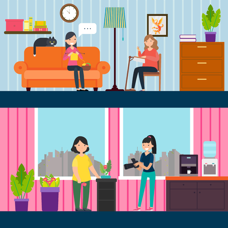 Flat Woman Interests Horizontal Bannersのイラスト素材