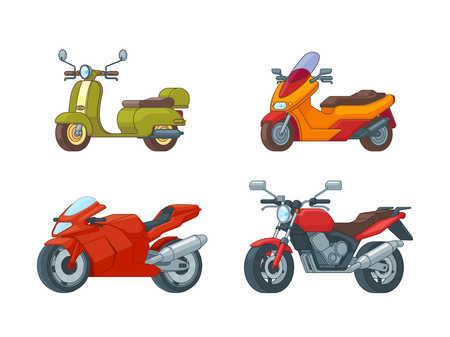 Colorful motorcycles collection with scooter moped sport and classic motorbikes types on white background isolated vector illustrationのイラスト素材