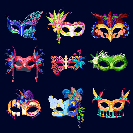 Colorful ornate carnival masks set with laces flowers feathers and jewels on dark background isolated vector illustrationのイラスト素材