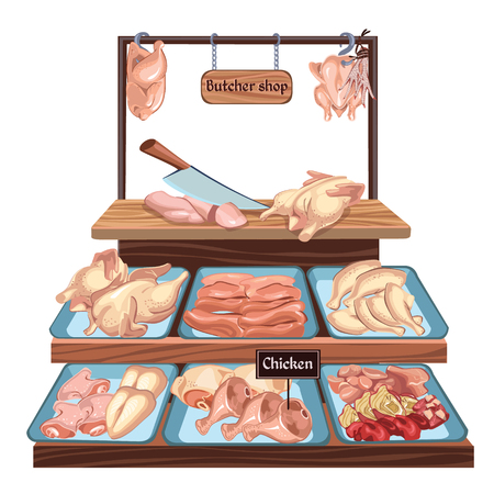 Hand drawn butcher shop concept with knife and different chicken meat parts on counter vector illustrationのイラスト素材
