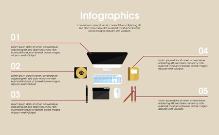 Designer workplace elements infographic concept with monitor keyboard mouse notepad graphic tablet pencils and pen vector illustration.のイラスト素材