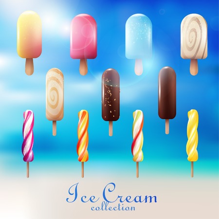 Realistic colorful ice cream set with popsicles and eskimo varieties on light blue blurred background isolated vector illustration.のイラスト素材