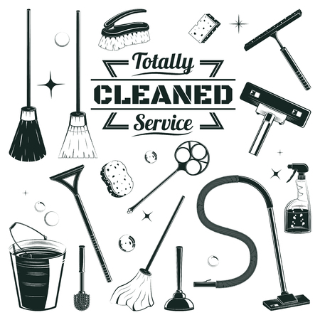 Hand drawn cleaning elements set with brooms bucket mop spray plunger brush sponge isolated vector illustrationのイラスト素材