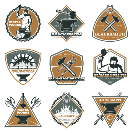 Colorful vintage metalworks labels set with workman blacksmith oven tools and equipment isolated vector illustrationのイラスト素材
