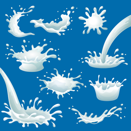 Cartoon milk blots and splashes set of different shapes on blue background isolated vector illustrationのイラスト素材