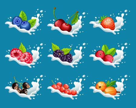 Cartoon natural sweet products set with organic forest berries in milk splashes isolated vector illustrationのイラスト素材