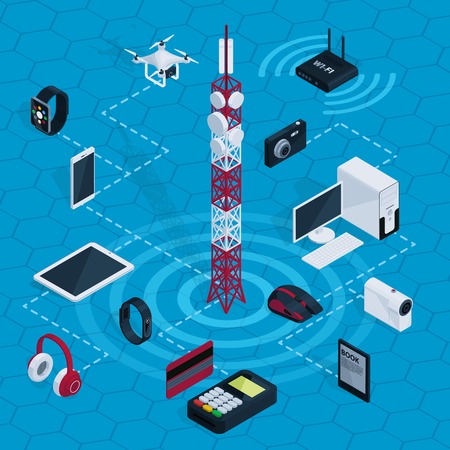 Isometric internet technology concept with radio tower electronic devices and gadgets on blue hexagonal grid isolated vector illustrationのイラスト素材