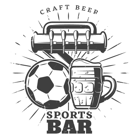 Monochrome sport pub template with beer tap mug and soccer ball in vintage style vector illustrationのイラスト素材