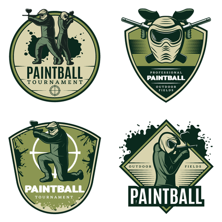 Colorful vintage active leisure emblems set with paintball mask rifles and competitive aiming players isolated vector illustrationのイラスト素材