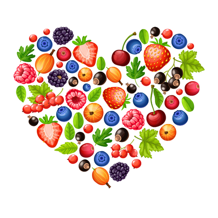 Cartoon fresh healthy forest berries concept in shape of heart on white background vector illustrationのイラスト素材