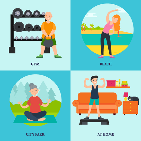 Flat fitness and yoga square concept with healthy people training in different places vector illustrationのイラスト素材