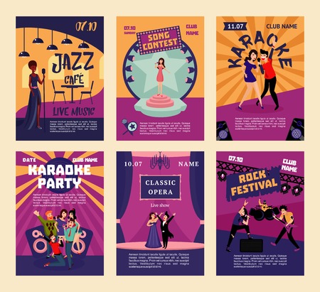 Music entertainment and karaoke posters with people singing in various musical styles at different places and events vector illustrationのイラスト素材