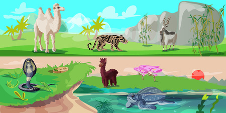 Colorful Asian Animals Horizontal Bannersのイラスト素材