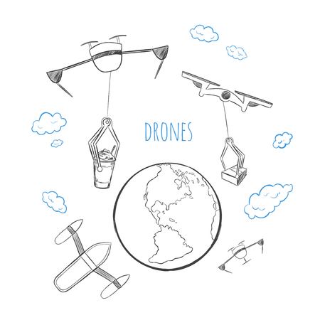 Sketch future technology delivery concept with  quadcopters transporting different products above earthのイラスト素材