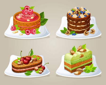 Colorful decorative cakes on plates set with different ingredients berries and nuts isolated vector illustrationのイラスト素材