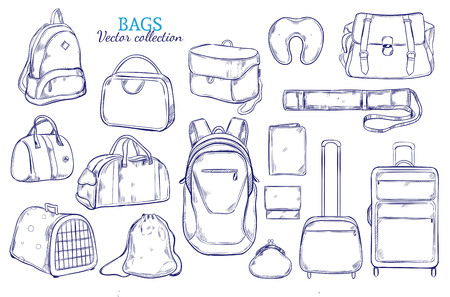 Hand drawn travel luggage set with baggage suitcases backpack purse tube animal crate bags pillow isolated vector illustrationのイラスト素材