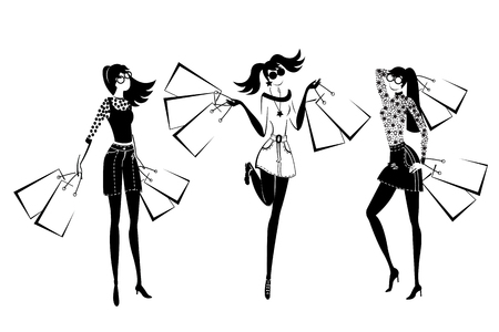 Monochrome happy girls shopping set with glamourous women holding bags and packages isolated vector illustrationのイラスト素材