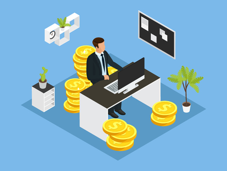 Isometric business financial and investment concept with businessman gold coins and office furniture isolated vector illustrationのイラスト素材