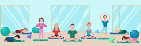 Colorful yoga class flat concept with people on mats in different poses in gym vector illustrationのイラスト素材