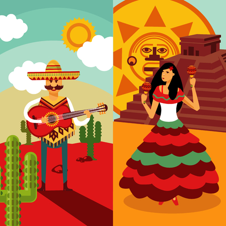 Traditional Mexico vertical banners with man playing guitar dancing woman holding maracas cactuses sun symbol pyramid vector illustrationのイラスト素材