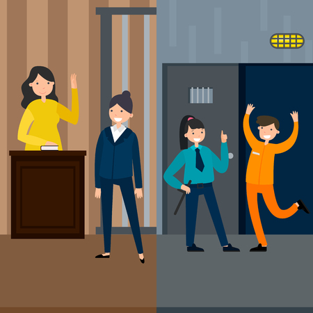 Law system vertical banners with female witness lawyer in court session and defendant getting out of jail vector illustrationのイラスト素材