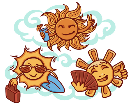 Colorful suns on rest concept with cocktail, bag, surfboard, sunglasses and fan in hand drawn style vector illustrationのイラスト素材