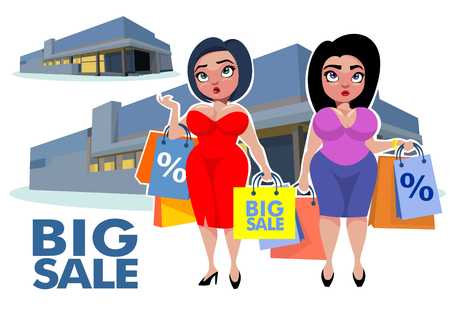Plus size bodies fashion concept with store buildings and fat women holding shopping bags vector illustrationのイラスト素材