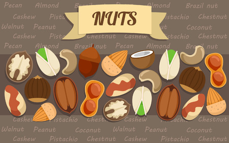 Flat nuts elements collection with brazil peanut almond walnut pistachio chestnut cashew pecan acorn coconut sorts vector illustrationのイラスト素材