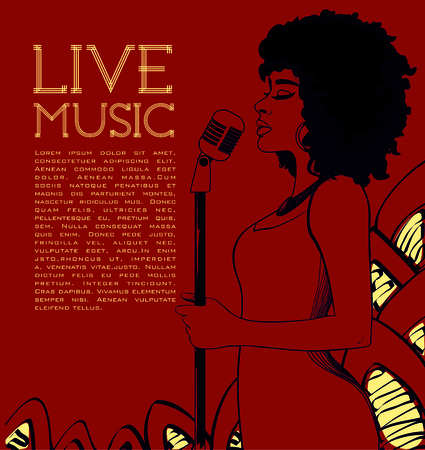 Live music concert poster with pretty woman singing in microphone on red background vector illustrationのイラスト素材