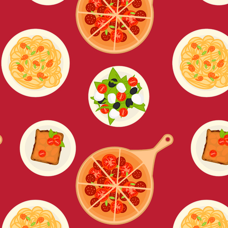 Colorful italian dishes and meals pattern with pizza salad lasagna and pasta vector illustrationのイラスト素材