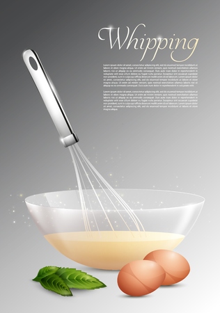 Realistic whipping process concept with whisk eggs leaves and bowl of dough on gray background isolated vector illustrationのイラスト素材