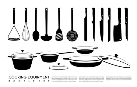 Doodle kitchen equipment set with cooking tools knives saucepan pan and pots isolated vector illustrationのイラスト素材