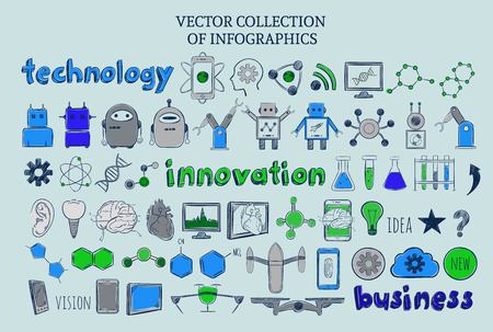 Colored infographic technology elements set with scientific and business innovations icons in sketch style isolated vectorのイラスト素材