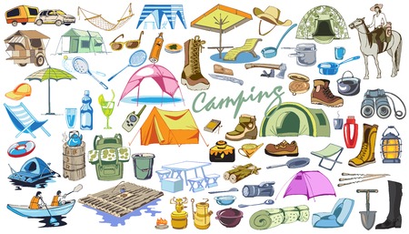 Colored camping and hiking elements collection with horse tourism outdoor recreation accessories equipment and tools in doodle style isolated vector illustrationのイラスト素材