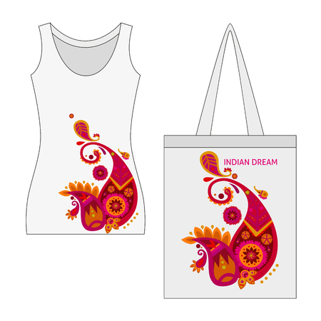 Traditional indian motif concept with beautiful paisley printing on female shirt and handbag isolated vector illustrationのイラスト素材