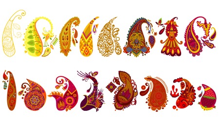 Colorful traditional elegant indian paisley collection of different shapes and styles isolated vector illustrationのイラスト素材