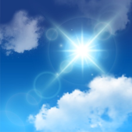 Realistic sun lens flares among white clouds on blue sky background vector illustrationのイラスト素材