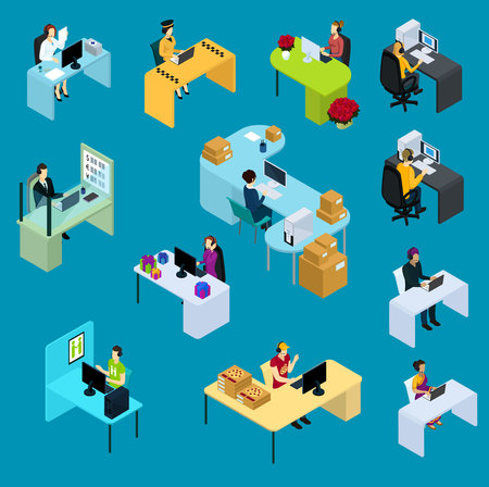 Isometric support workers collection of emergency taxi business flower store gift shop pizza delivery services isolated vector illustrationのイラスト素材