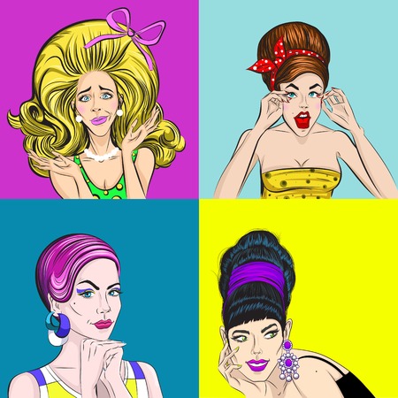 Pop art beautiful women square concept with different hair color and emotions in various dresses vector illustrationのイラスト素材