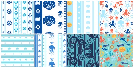 Sea and ocean seamless patterns set with marine animals creatures and elements in flat style vector illustrationのイラスト素材